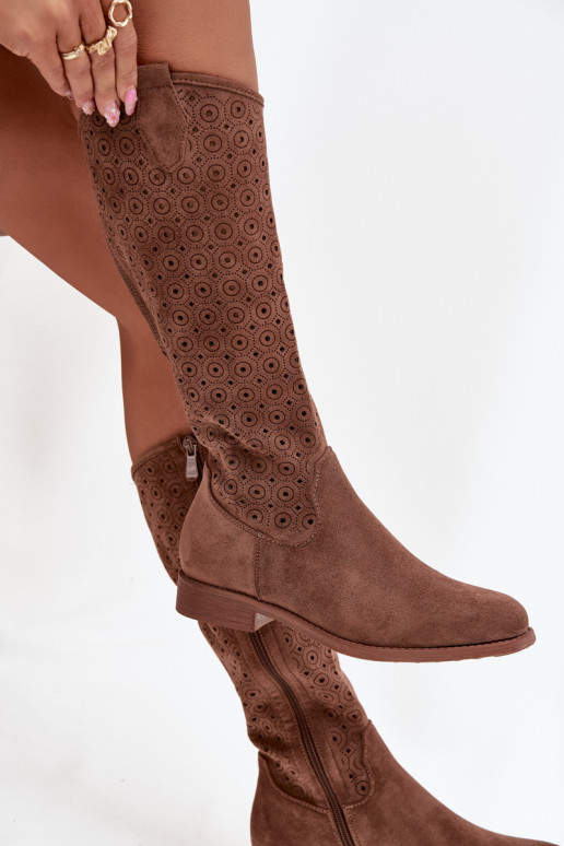 bottes pour femmes avec des talons larges avec des éléments ajourés S.Barski HY52-531 marron