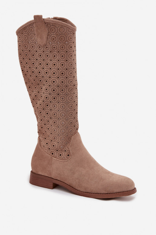 bottes pour femmes avec des talons larges avec des éléments ajourés S.Barski HY52-531 beige