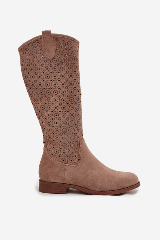 bottes pour femmes avec des talons larges avec des éléments ajourés S.Barski HY52-531 beige