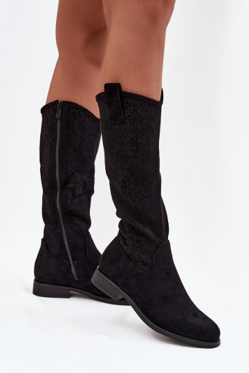 bottes pour femmes avec des éléments ajourés avec des talons larges S.Barski HY52-534 couleur noire 2