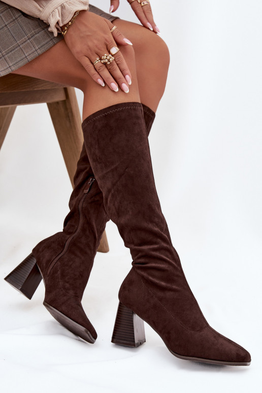 Bottes longues pour femmes avec talons et coutures couleur chocolat "Celandine"