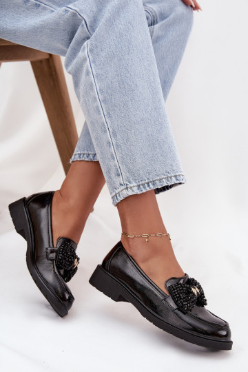 Mocassins vernis pour femmes avec nœuds S.Barski HY52-319A noires
