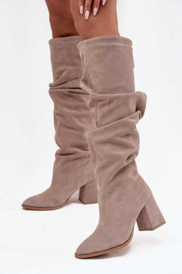 Bottes longues froissées en daim naturel avec talons doublées Zazoo 4228 couleur sable 2