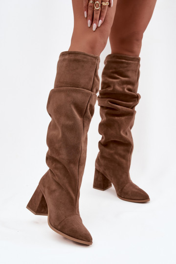 Bottes longues froissées en daim naturel avec talons doublées Zazoo 4228 couleur marron