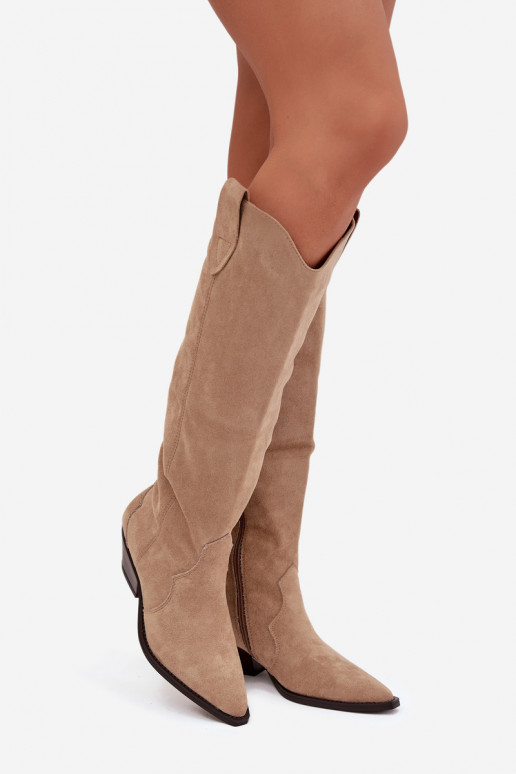 Bottes longues en style cowboy avec talons, en cuir écologique de couleur sable Jovianne