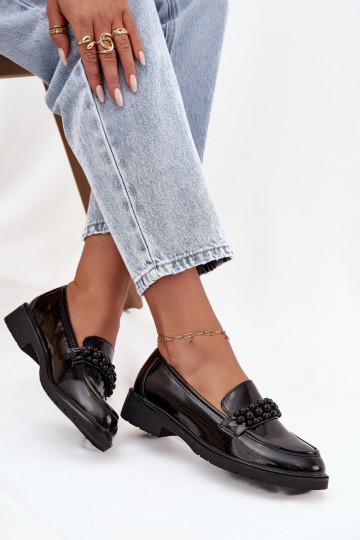 Mocassins pour femmes avec effet laqué et perles S.Barski HY52-541 couleur noire