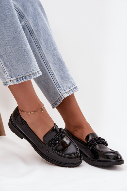 mocassins pour femmes avec effet vernis avec des perles S.Barski HY52-541 couleur noire