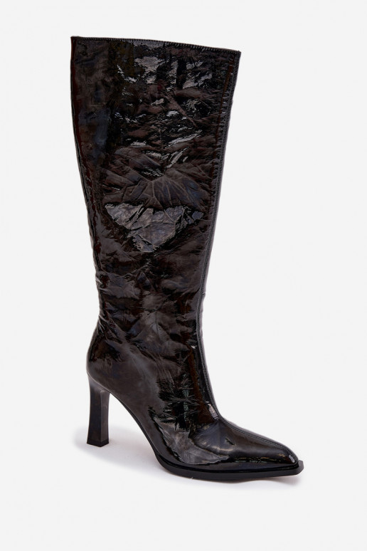 Peau avec effet vernis bottes pour femmes avec des talons réchauffer D&A CR52-716 couleur noire