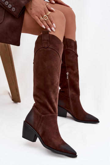 Bottes en cuir suédé pour femmes, style cowboy, à talons, Artiker 57C0230, marron