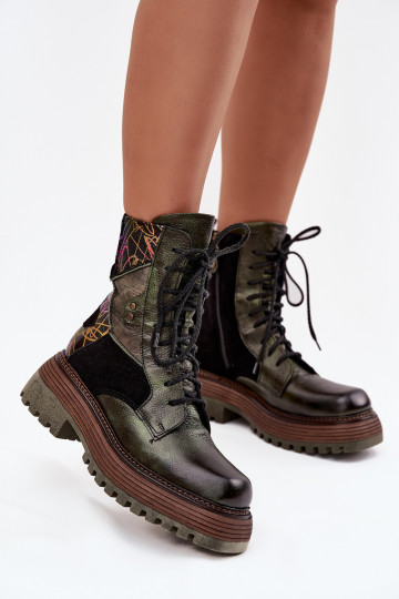 Bottines de travail en cuir pour femmes avec plateforme, Tai turiciejka 07104-09, kaki