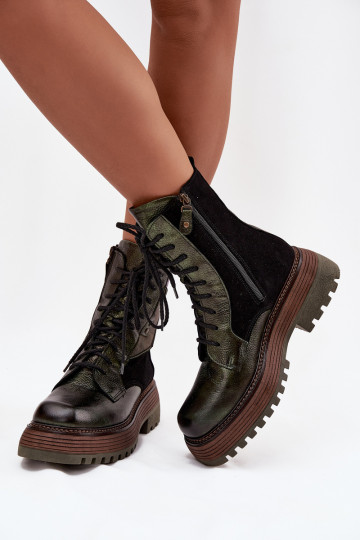 Bottines de travail en cuir pour femmes avec plateforme, Tai turiciejka 07104-09, kaki 2