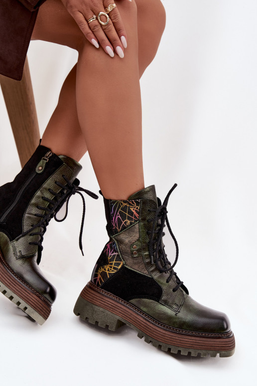 Peau Bottines de travail Féminin avec une plateforme Il fautciejka 07104-09 couleur kaki