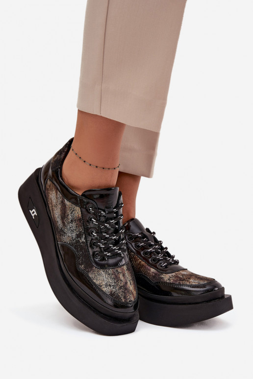 Peau Chaussures à lacets Féminin avec une plateforme Artiker 57C2042 Noir et-couleur dorée