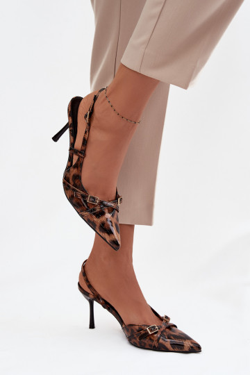 Chaussures avec talon ouvert et brides, motifs léopard, couleur marron Ravira