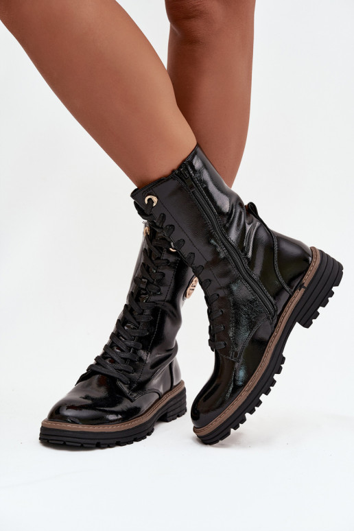avec effet vernis Bottines de travail Féminin Ze couleur doréem Detalem réchauffer couleur noire Dorialine