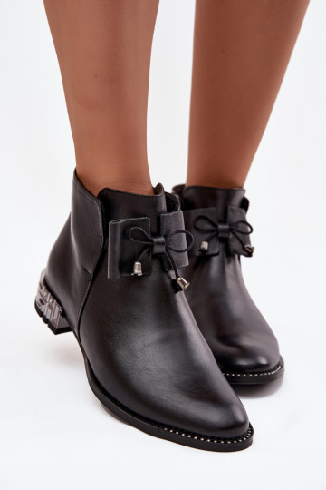 Bottines en cuir naturel à petit talon pour femmes Zazoo 1396 noires