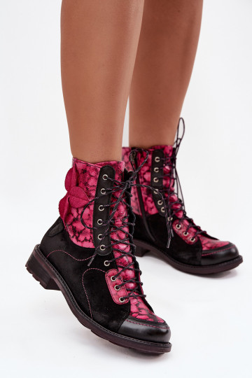 Bottines en cuir naturel pour femmes avec talons larges Tai turiciejka 07004-23 noires et roses 2