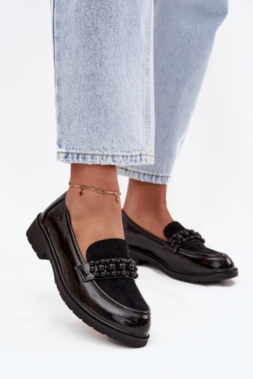 mocassins pour femmes avec effet vernis avec des perles S.Barski HY52-541 couleur noire