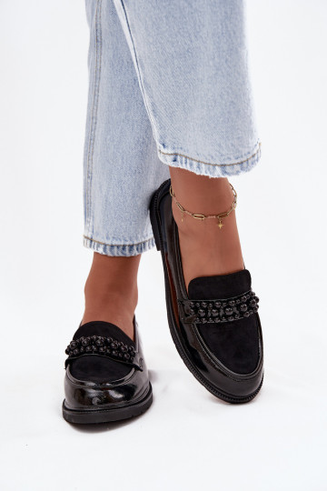 mocassins pour femmes avec effet vernis avec des perles S.Barski HY52-541 couleur noire 2