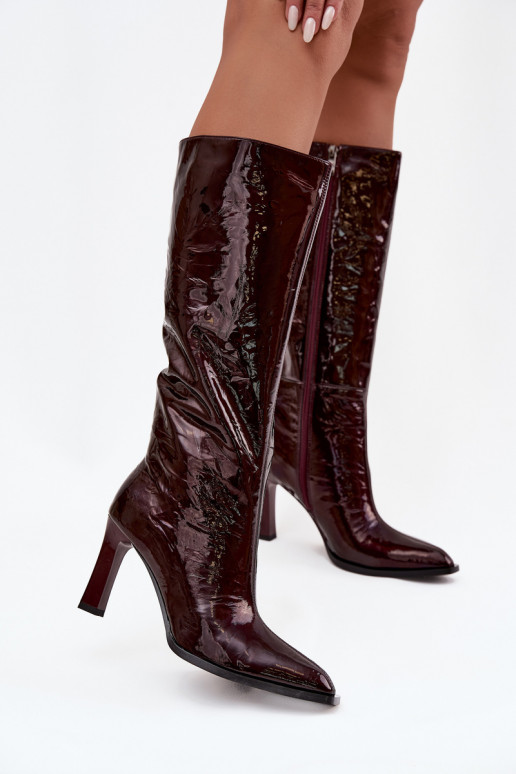 Peau avec effet vernis bottes pour femmes avec des talons réchauffer D&A CR52-716 Bourgogne