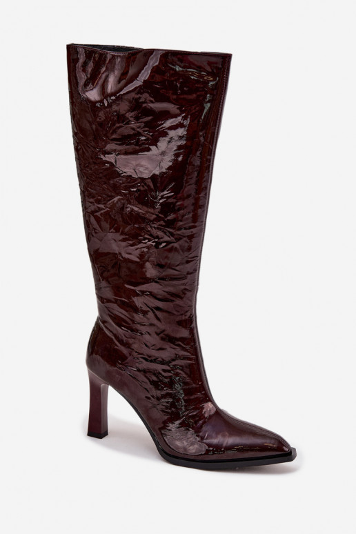 Peau avec effet vernis bottes pour femmes avec des talons réchauffer D&A CR52-716 Bourgogne
