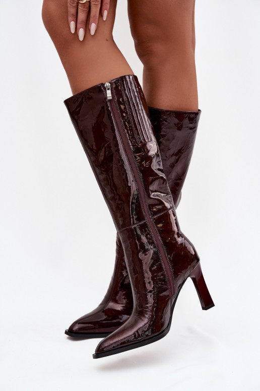 Peau avec effet vernis bottes pour femmes avec des talons réchauffer D&A CR52-716 Bourgogne