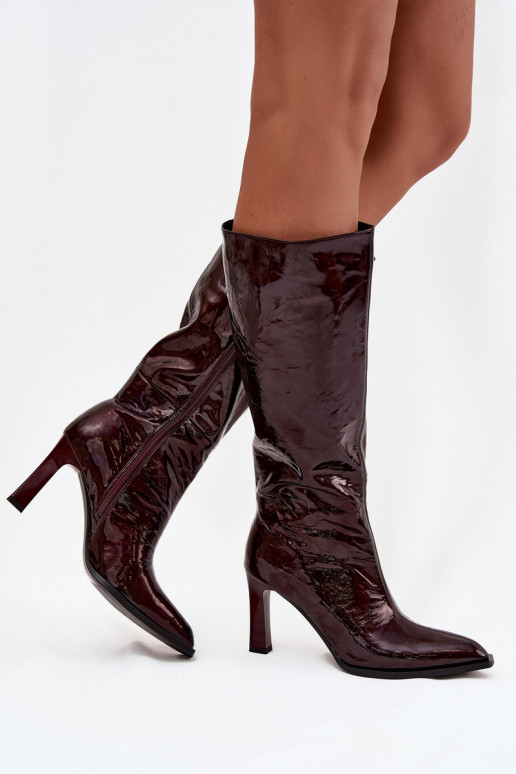 Peau avec effet vernis bottes pour femmes avec des talons réchauffer D&A CR52-716 Bourgogne