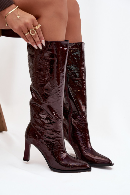Peau avec effet vernis bottes pour femmes avec des talons réchauffer D&A CR52-716 Bourgogne