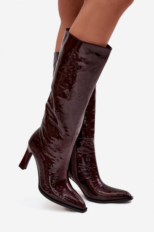 Peau avec effet vernis bottes pour femmes avec des talons réchauffer D&A CR52-716 Bourgogne