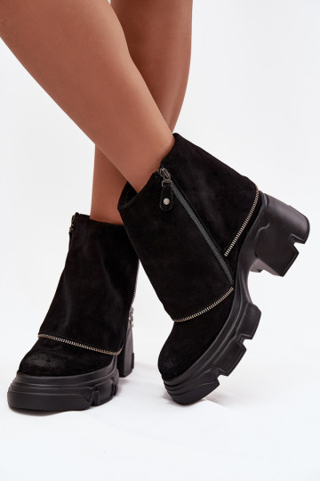 Bottines en cuir noires avec cholewa brodée Tai turiciejka 07145-01 2