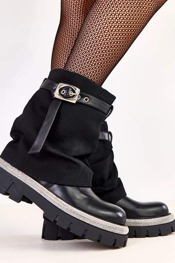 Bottines noires avec tige retournée et zircons sur les bords Yemi