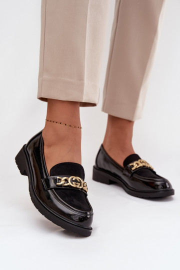 Mocassins laqués Féminin avec des détails dorés S.Barski HY52-540 couleur noire