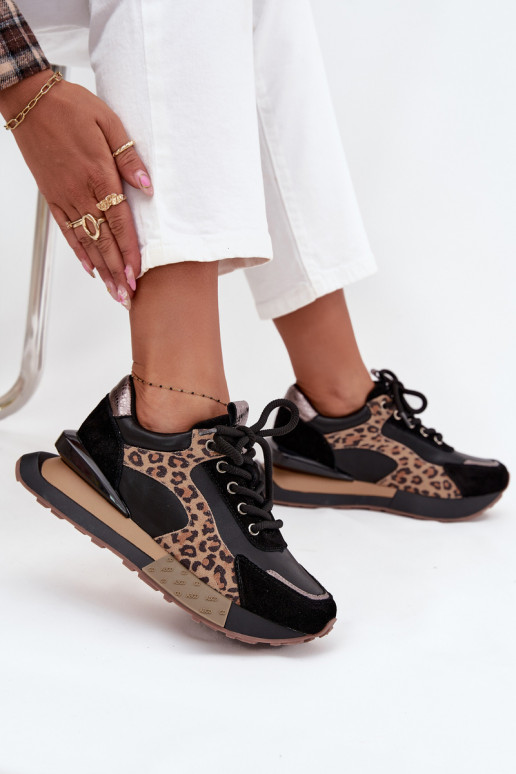Peau Chaussures modèle baskets Féminin avec une plateforme avec des motifs en fourrure de léopard Artiker 55C0134 couleur noire