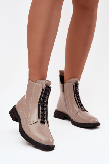 Bottines en cuir naturel effet laqué pour femmes D&A MR52-108 couleur sable