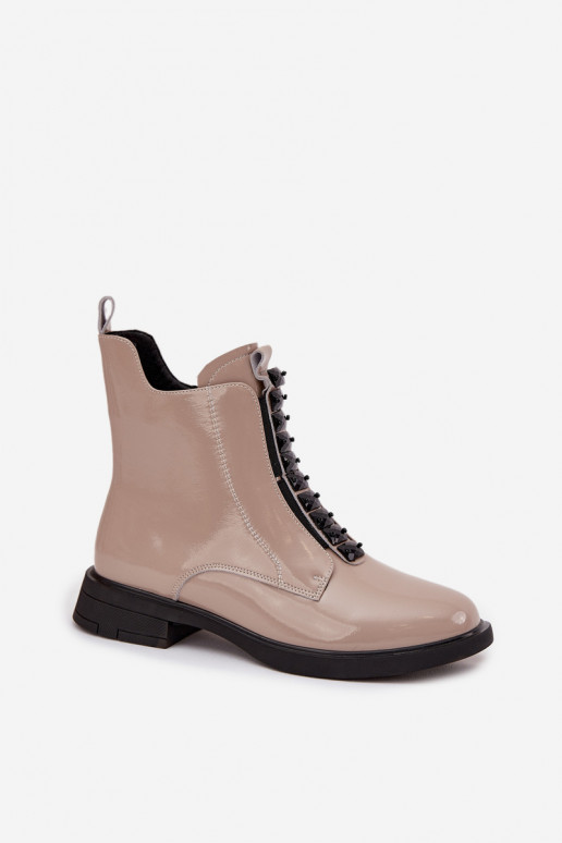 Bottines en cuir naturel effet laqué pour femmes D&A MR52-108 couleur sable