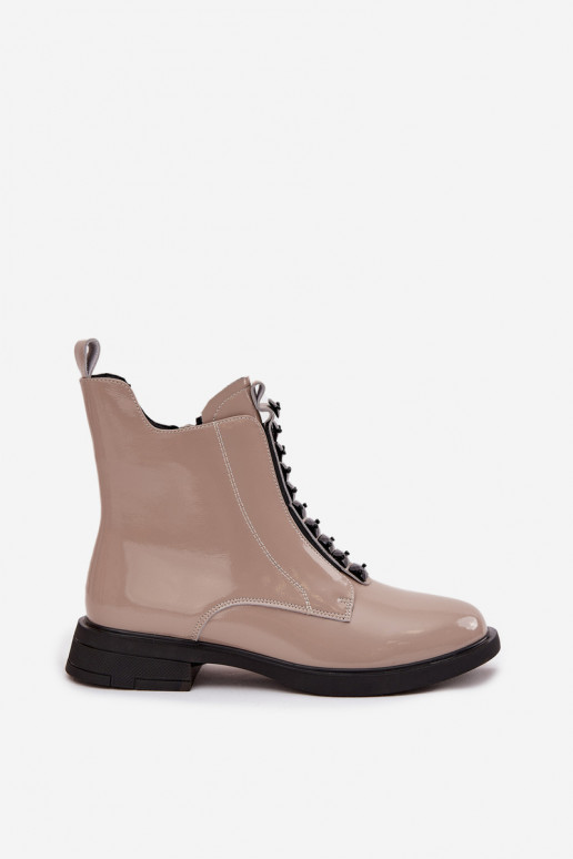 Bottines en cuir naturel effet laqué pour femmes D&A MR52-108 couleur sable