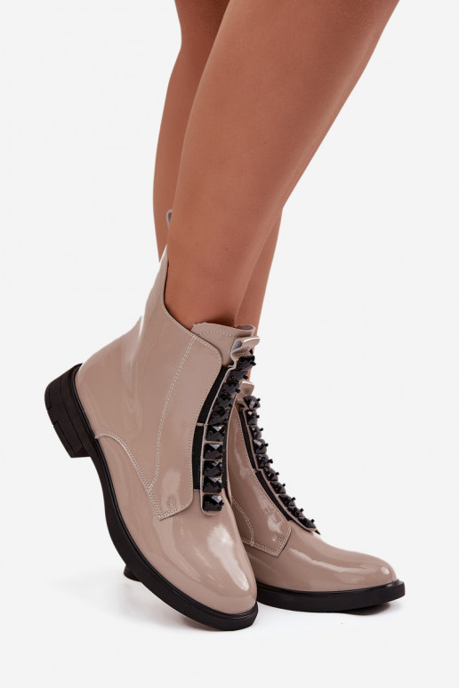 Bottines en cuir naturel effet laqué pour femmes D&A MR52-108 couleur sable