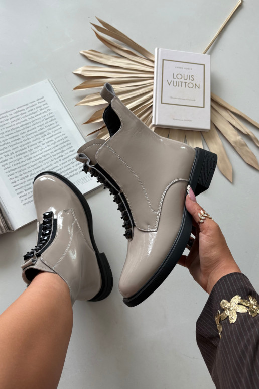 Bottines en cuir naturel effet laqué pour femmes D&A MR52-108 couleur sable