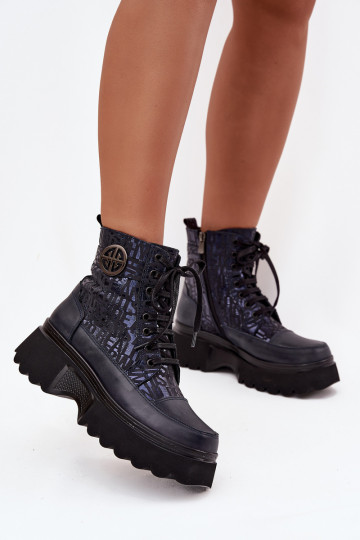 Bottines en cuir pour femmes avec plateforme et détails décoratifs Artiker 57C2271 couleur bleu marine