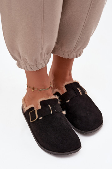Chaussons-clogs pour femmes, isolés avec de la fourrure à l'intérieur et des boucles, noires Sylisse