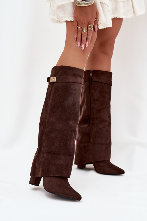 Bottes hautes femme en éco-daim, à talon bloc, doublées, avec tige décorée, marron chocolat Evyra