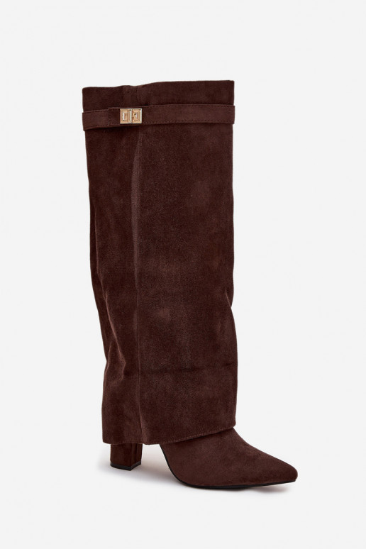 Bottes hautes femme en éco-daim, à talon bloc, doublées, avec tige décorée, marron chocolat Evyra