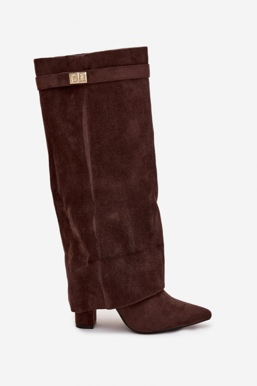 Bottes hautes femme en éco-daim, à talon bloc, doublées, avec tige décorée, marron chocolat Evyra
