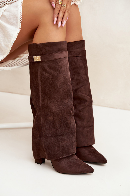 Bottes hautes femme en éco-daim, à talon bloc, doublées, avec tige décorée, marron chocolat Evyra