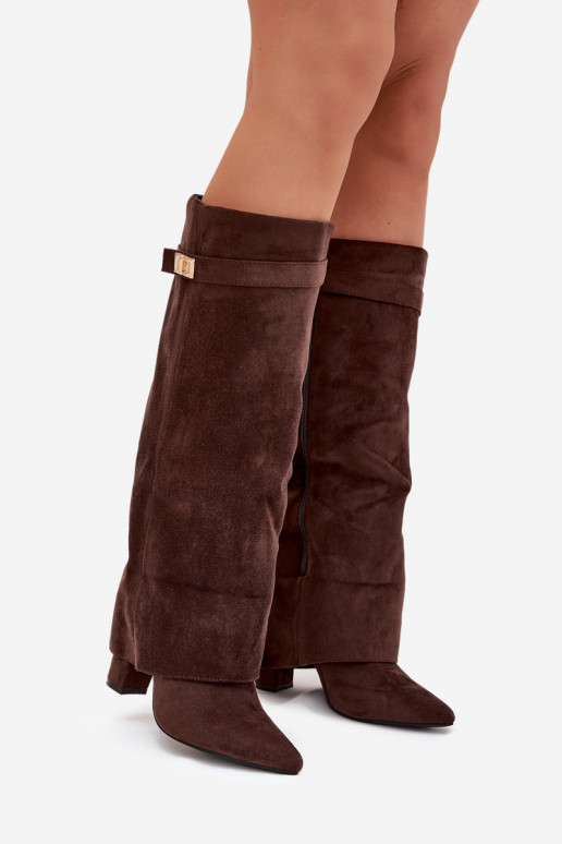 Bottes hautes femme en éco-daim, à talon bloc, doublées, avec tige décorée, marron chocolat Evyra