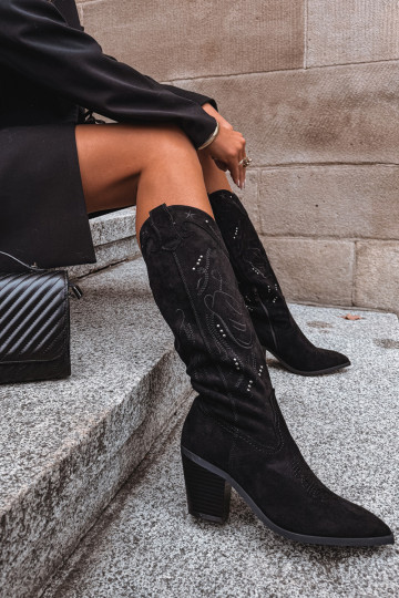 Bottes hautes style cowboy pour femmes en daim synthétique noir Coretta