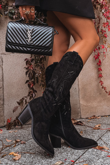 Bottes hautes style cowboy pour femmes en daim synthétique noir Coretta 2