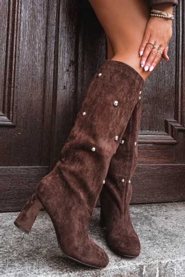 Bottes hautes chaudes pour femmes avec talons et détails décoratifs chocolat Lucinda 2