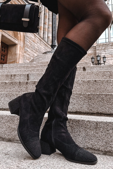 Bottes longues pour femmes avec décoration Klocke en daim synthétique, couleur noire Ivanna 2