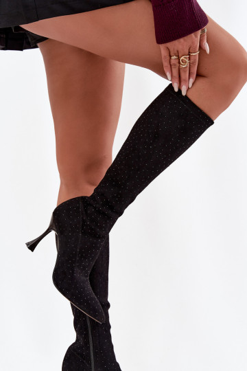bottes pour femmes avec des talons fins Avec décoration D&A JC52-883 couleur noire